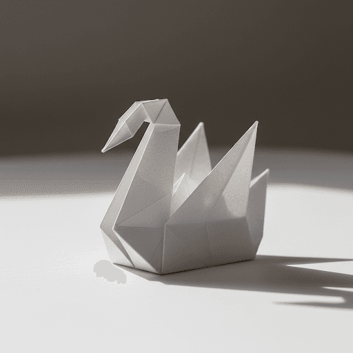 Minimalist white paper origami swan on a clean surface
